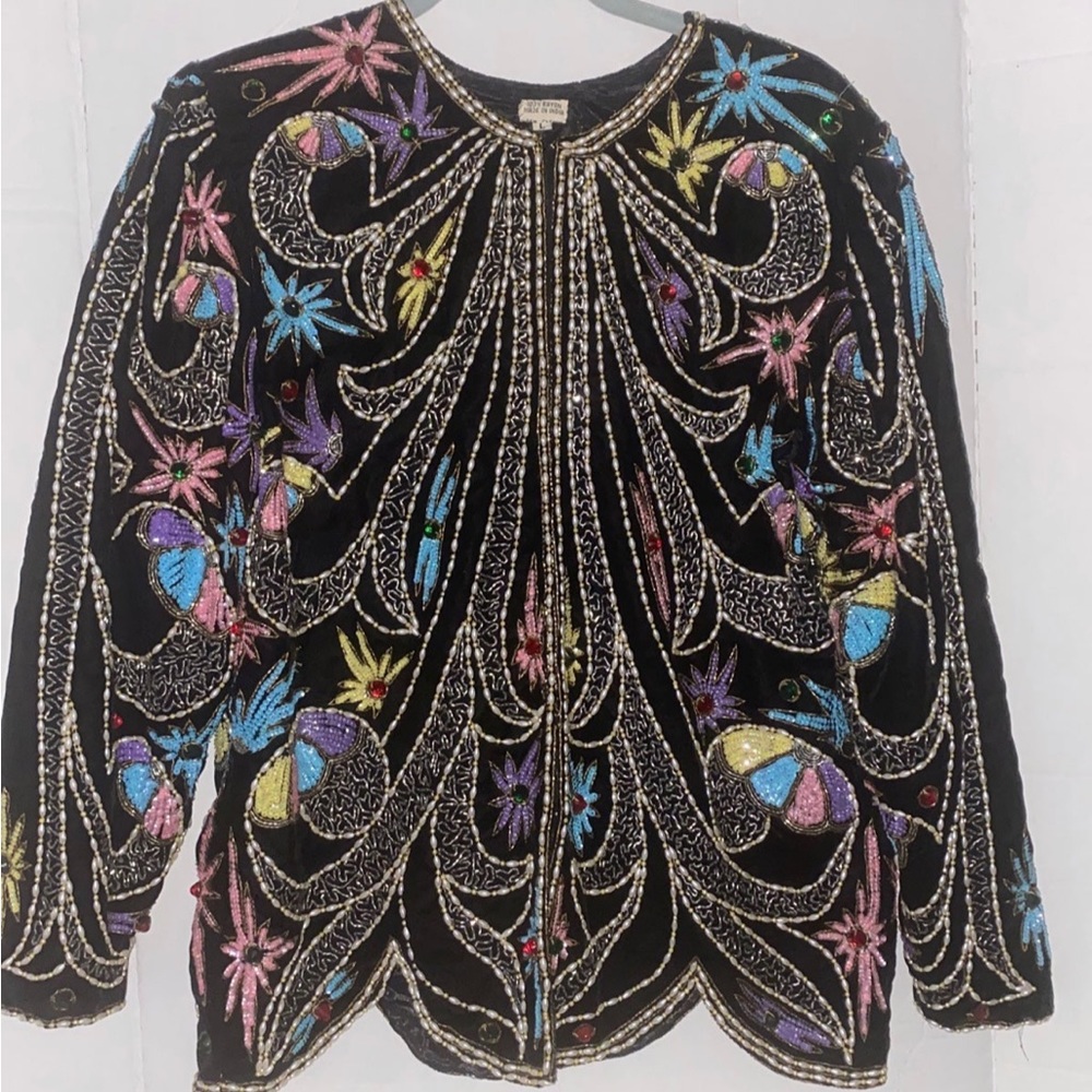 Stunning bejeweled embellished sequins-gemstones-faux pearls-bead-wrap jacket L